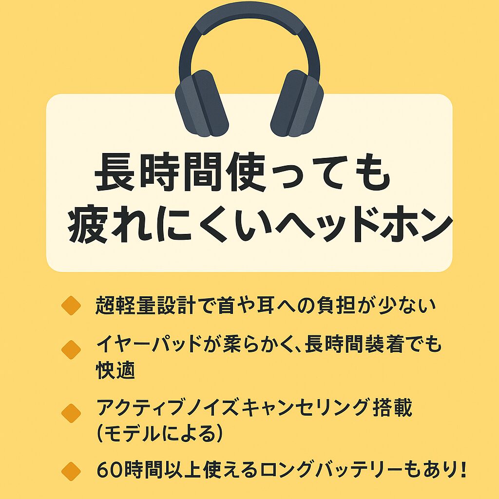 長時間使っても疲れにくいヘッドホンの特徴が書かれている画像
